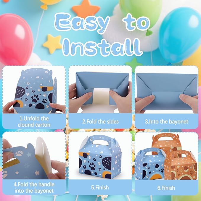 Beehaam 24 Pack Blue Dog Party Favor Treat Boxes, Cartoon Dog Paw Theme Gable Gift Bags, Large Candy Goodie Cake Snack Paper Bags for Happy Birthday Baby Shower Party Decorations Supplies
