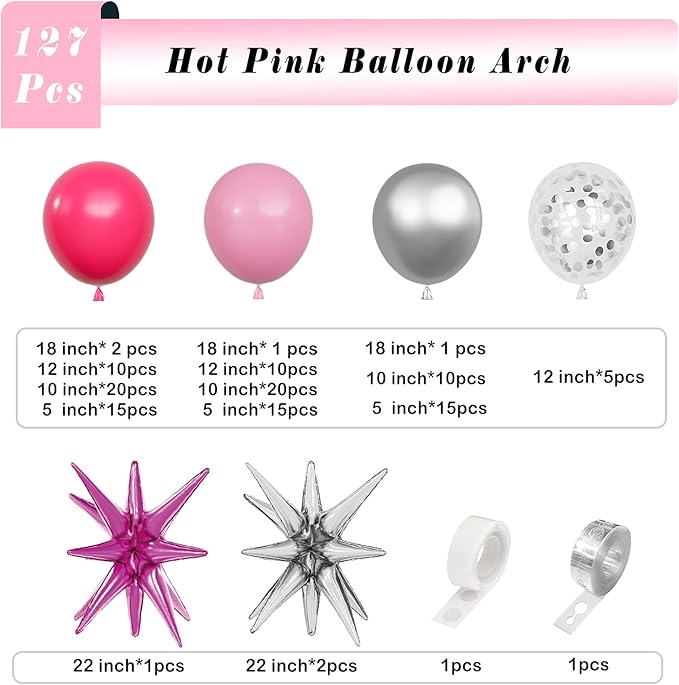 Hot Pink Silver Balloons Arch Garland Kit-Macaron Pink Balloon Hot Pink Explosion Star Foil Balloon 127Pcs for Princess Birthday,Graduation,Bachelorette,Baby Shower,Christmas Party Decorations.