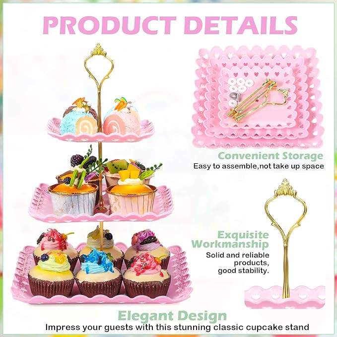 6 Sets Tea Party Decorations of 3 Tier Plastic Cupcake Stand Dessert Plates Cake Fruit Candy Display Tower for Wedding Birthday Baby Shower Tea Party Decorations(Square)