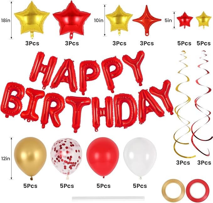 55 Pcs Happy Birthday Balloons Letters Banner with 35 Pcs Star Foil Balloon, 20 Pcs Latex Balloons, 6 Hanging Swirls for Women Men Boys Girls Birthday Party Decorations Set ﻿ (Red)
