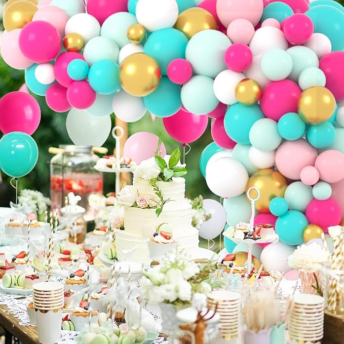Teal Blue Rose Red Pink Green Balloon Garland Arch Kit - Pastel Green Teal Blue Hot Pink Gold Balloons for Anniversary Birthday Baby Shower Wedding Tea Party Decorations