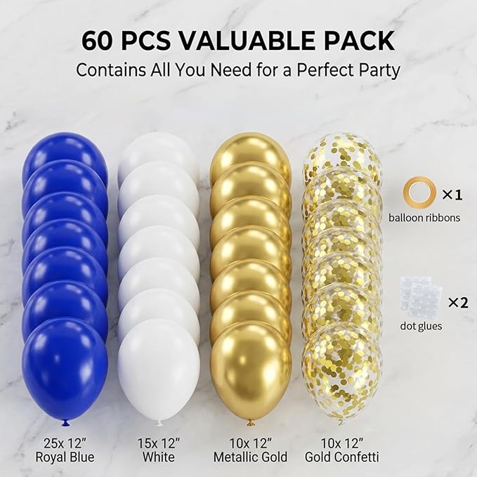 60pcs Royal Blue Gold Balloons, 12 Inch Dark Blue White Metallic Gold & Gold Confetti Balloon Kit for Graduation 2026 Anniversary Birthday Party Decorations (with Ribbon & Adhesive Dots)