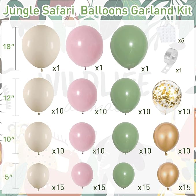 Sage Green Pink Balloon Arch Kit, Olive Green Light Pink Sand White Blush Metallic Gold Balloons with Gold Confetti Balloons for Girl Birthday Woodland Jungle Safari Decorations