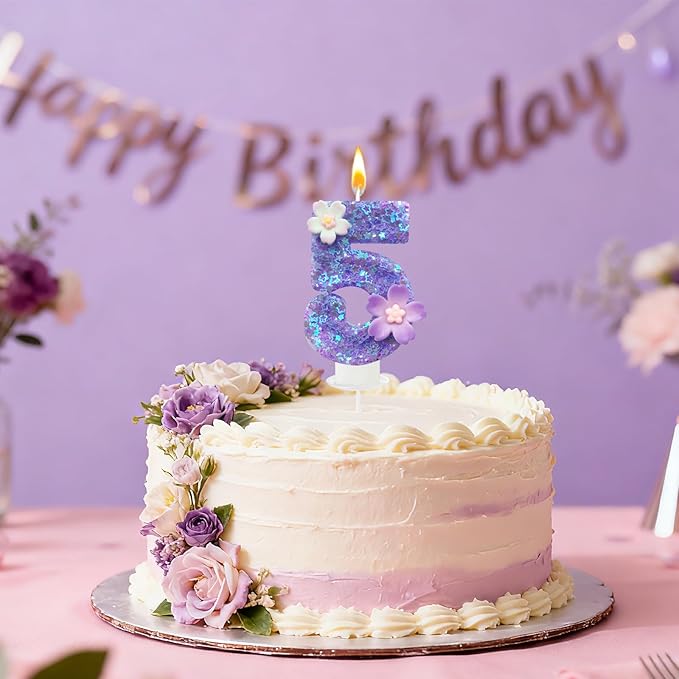 Purple Flower Birthday Candle,Number 5 Birthday Candles for Cake, Ideal Birthday Parties Cake Decor, Wedding Anniversary and Other Celebrations (Number 5, Purple)