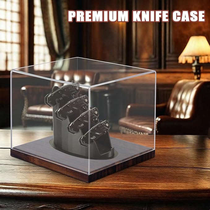 Knife Display Case, Pocket Knife Display Box Stand with Acrylic Protection Cover Holds 5 Knives - Pocket Knife Holder Organizer Tabletop Showcase for Collections (Wooden Base)