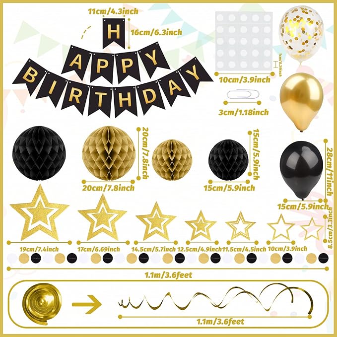 ZERODECO Black Gold Birthday Decorations, Easy to Assemble Happy Birthday Banner with Honeycomb Ball, Balloon, Hanging Swirl Streamer, Garland, Party Decorations for Women Men