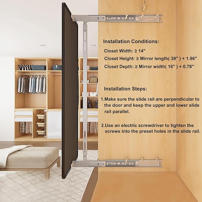 Hideaway Closet Mirror, Retractable Full Length Mirror, 39" x 16" Wall Mounted Mirror, Suitable for Bedroom, Locker Room, Cloakroom