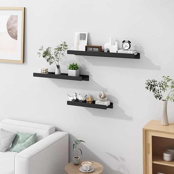 Floating Shelves for Wall, Wall Mounted Shelves with Lip for Storage, Metal Display Shelves for Home Decor, Kitchen/Living Room/Bedroom/Bathroom Shelf, Black 16 inch 1 Pack