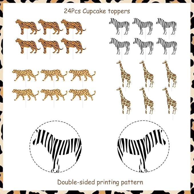 Sursurprise Young Wild & Three Cake Topper Jungle Animals Cupcake Toppers, Safari Jungle Animal Print Happy 3rd Birthday Cake Decor, Third Birthday Party Decorations 25 Pack