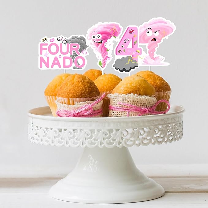 Cheereveal 36Pcs Fournado Birthday Cake Decorations, Tornado Cupcake Toppers, Pink Weather Storm Theme 4th Bday Baby Shower Cupcake Picks Party Supplies
