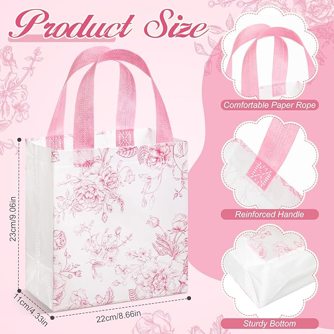 Sweetude 16 Pcs Pink Floral Gift Bags with Handles, Reusable Non-woven Tote Bags, Pastel Spring Flower Party Favors for Graduation, Wedding, Baby Shower, Bridal Shower, Birthday
