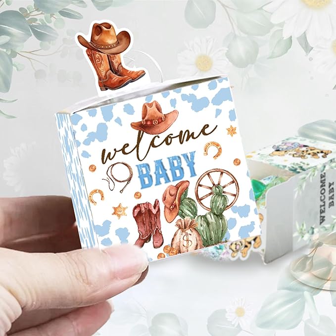 QZCYU 24 Pcs Western Baby Shower Decorations, Blue Brown Cowboy Wild West Party Favors Gift Boxes Baby Shower Boxes Small Treat Decor Boxes for Candy Gift Favors(2.4 * 2.4 * 2.5inches)