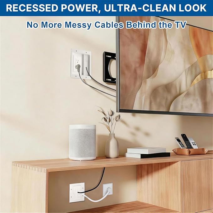 in Wall Cable Management Kit with 9.8ft Power Extension Cord, TV Cord Hider for Wall Mounted TVs, Recessed Cable Concealer with Brush Wall Plate, 15A/125V Dual Receptacle and Drywall Saw
