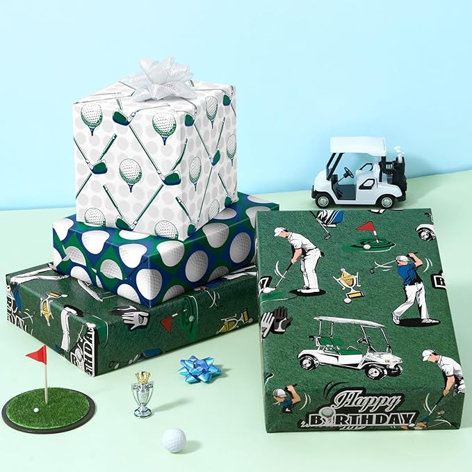 WERNNSAI Golf Wrapping Paper Rolls - 3 Rolls 17” x 10FT Golf Gift Wrap for Dad Men Birthday Father's Day Sport Golfball Golfing Theme Party Retirement Gifts Green Golfball Design