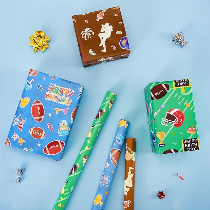 WERNNSAI Football Wrapping Paper Rolls - 3 Short Rolls Sports Gift Wrap Paper Kids for Kids Birthday Party Gift Packing Supply Green Brown Blue Wrapping Paper with Cut Lines 17 in x 10 ft