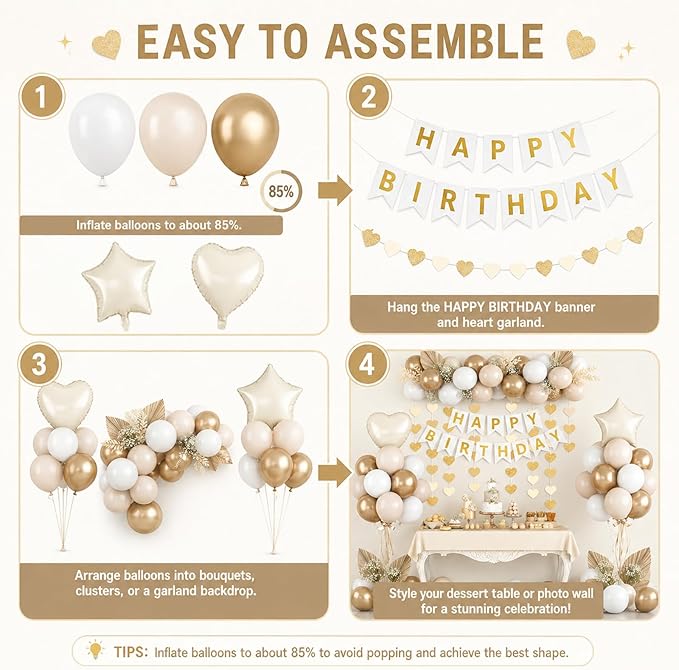 White and Gold Birthday Party Decorations for Women Girls Metallic Gold White Sand Balloon Set with Star Heart Foil Balloons Happy Birthday Bunting Banner Garland Neutral Cream Beige Party Decor Kit