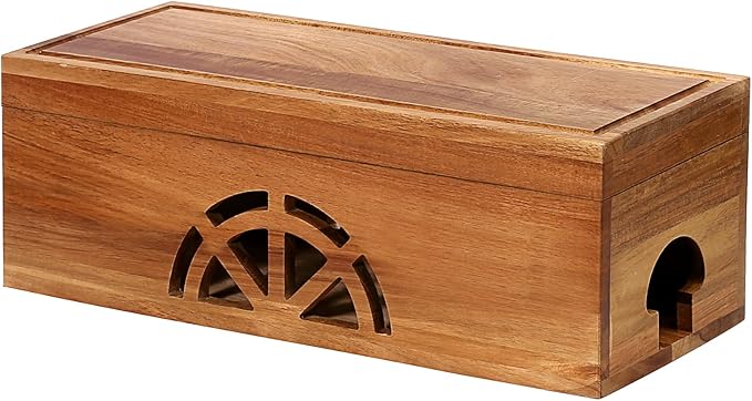 Wood Cable Management Box - 15.8" (L) x 6" (W) 5.5" (H) Acacia Wood Cable Hider Box, Cord Hider with Magnet Design & Outlet Hole, Power Strip Surge Protect & Organizer for Home Office Kitchen TV Wires