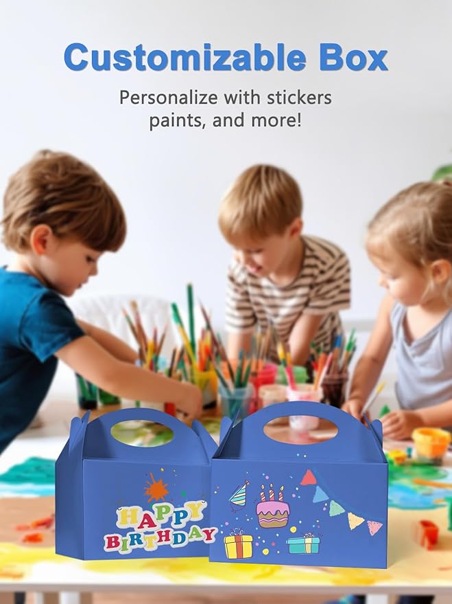 Shallive 25 Pcs Small Party Treat Boxes, 6 Inch Candy Cookie Goodie Gift Bags Gable Box for Kids Birthday Party, Blue