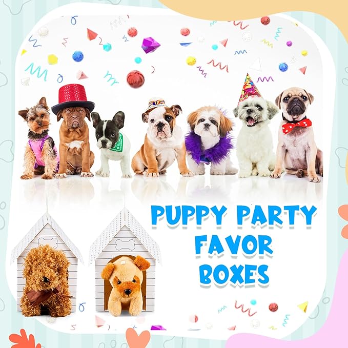 ShinyRelief 16 Pcs Dog Party Favors Boxes Dog House Shaped Treat Gift Boxes with Holes Foldable with Handle for Adopt a Puppy Party Favors Kid DIY Crafting Birthday (Pre-drawn Style)