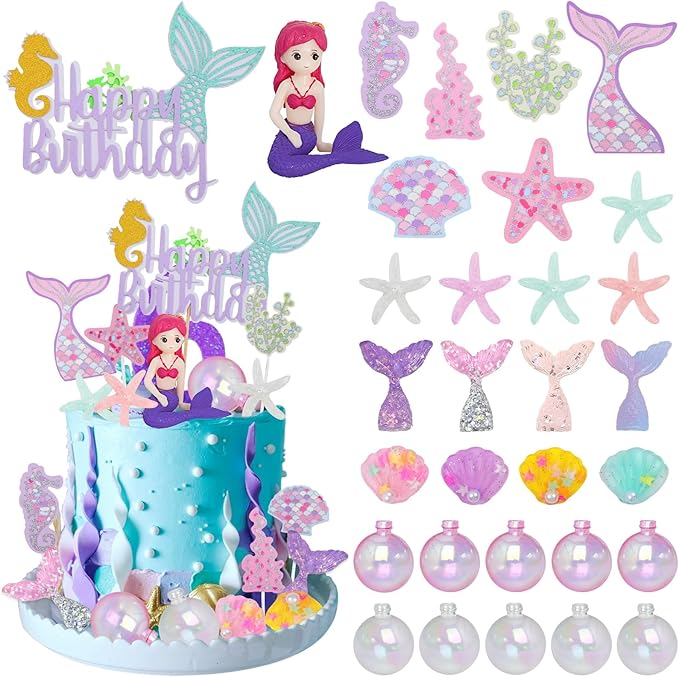 Mermaid Cake Toppers for Girl 30pcs Little Mermaid Figurine Under The Sea Ocean Cake Decor Seaweed Bubble Starfish Shell Mermaids Tail Cupcake Picks for Mermaids Princess Birthday Baby Shower