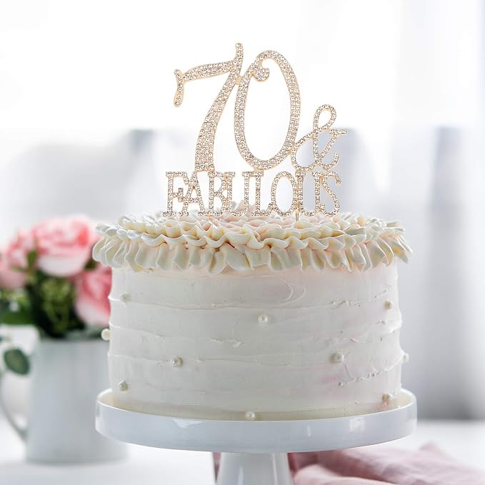 70 & Fabulous Cake Topper 70 Years Birthday Or 70th Wedding Anniversary Gold Crystal Rhinestone Party Decoration