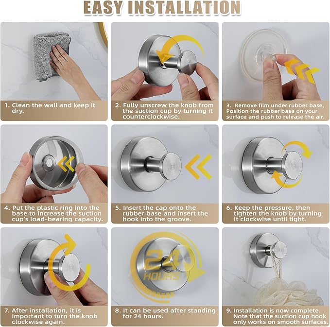 Suction Cup Hooks for Shower No-Drill Bathroom Hooks for Towels, Robes, Loofah Mountable on Bathroom Walls, Kitchen, Glass, Mirrors, Tile and Smooth,Non-Porous Surfaces (2, Brushed Nickel)
