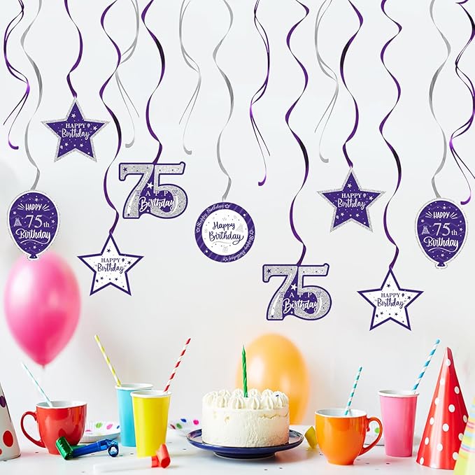 Happy 75th Birthday Purple & Silver Glitter Swirls Streamers Party Decorations - 15 Pcs 75th Birthday Hanging Swirls Streamers Kit,Perfect for 75th Bday Party Sign.