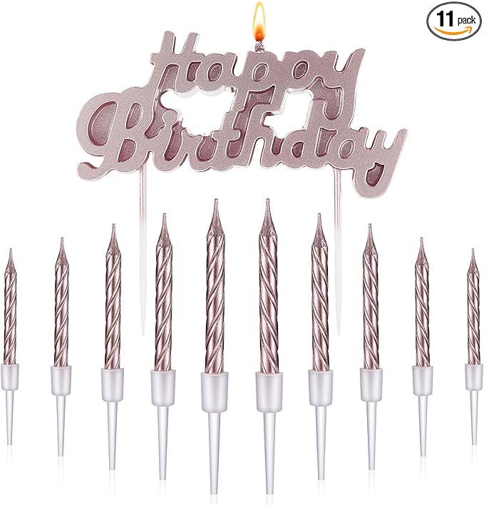 MTLEE Happy Birthday Candles Letter Cake Topper with 10 Pcs 2.95 Inch Short Thin Spiral Candles for Cake Topper Birthday Decoration Party Supplies(Rose Gold)