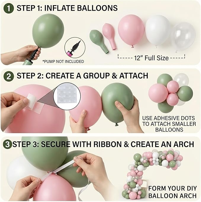 60pcs Sage Green Pink Balloon Kit,12 Inch Boho Olive Green Light Pink White Clear Latex Balloons for Baby Shower Wedding Birthday Garden Party Decorations (Ribbon & Glues)