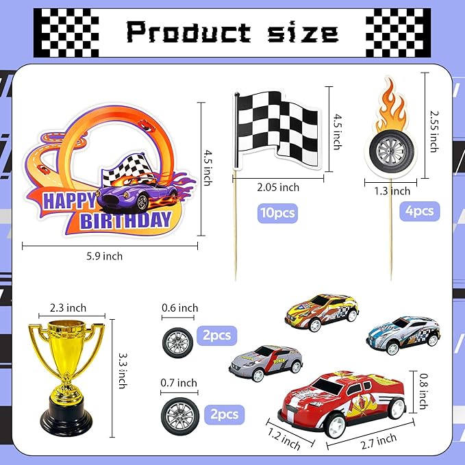 MEMOVAN Race Car Birthday Cake Decoration 24PCS Racing Car Cake Toppers Checkered Flag Cars Cake Cupcake Decorations for Man Boy Kid Racing Cars Theme Birthday Supplies Party Favors