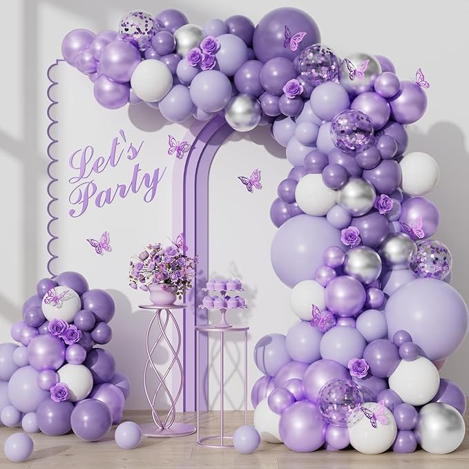 Purple Balloons Garland Arch Kit, 126pcs Lavender Party Decorations with Metallic Silver Purple Confetti Balloons for Butterfly Birthday Wedding Baby Shower Party Decorations