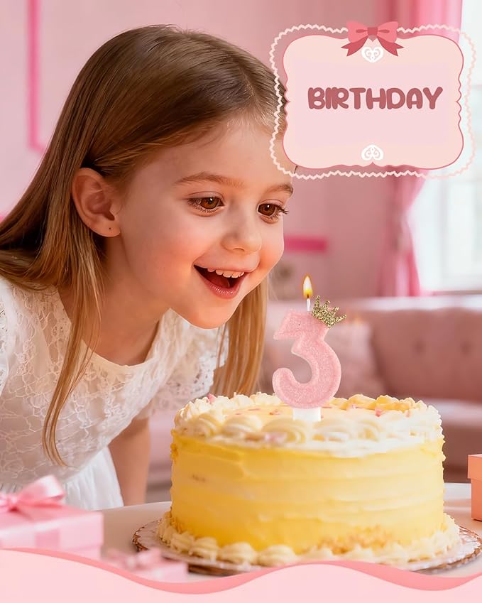 Birthday Candles for Cake, Pink Number Candles, Cake Candles with Cake Topper for Birthday Party Wedding Anniversary Celebrations (3 Candle)