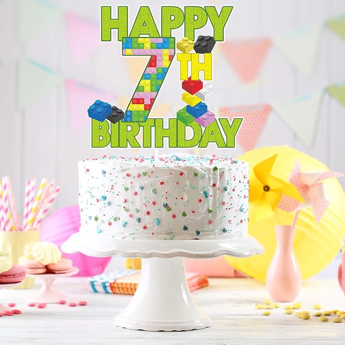 Happy 7th Birthday Building Block Cake Topper - Puzzle Games 7th Birthday Party Green Cake Topper Supplies - Building Block Party Decoration For Adult