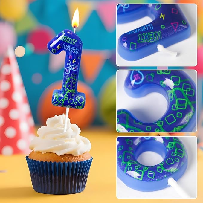 Number 10 Birthday Candle for Cake – Blue Gaming Theme Number Candle with “Next Level” Design, Video Game Style Cake Topper for Anniversary & Celebration