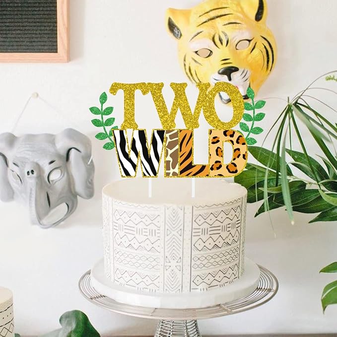 Sursurprise Two Wild Cake Topper Jungle Animals Cupcake Toppers, Safari Animal Second Birthday Decorations Zoo Themed 2nd Birthday Party Cake Supplies