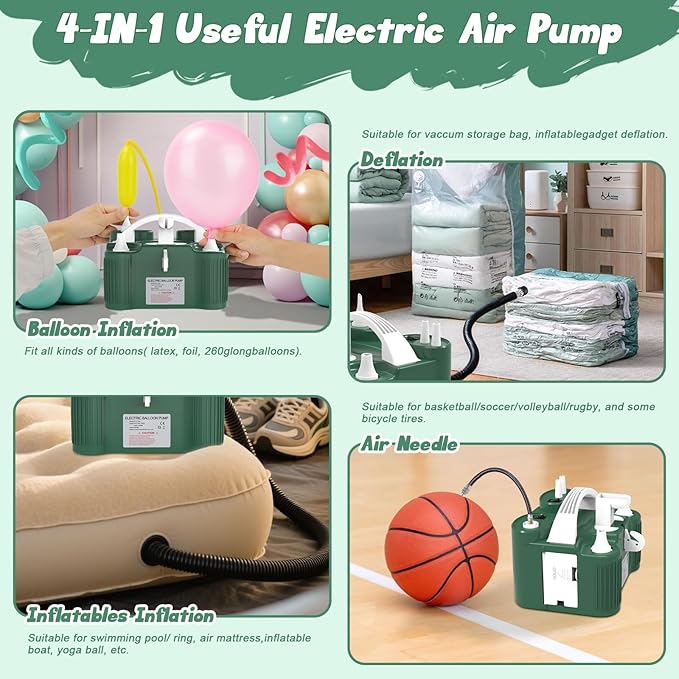 Balloon Pump Electric, Dual Motor Balloon Blower Machine for Latex Foil 260Q Long Balloons, Air Pump Inflator Machine for Balloons, Pool Float, Vacuum Bags