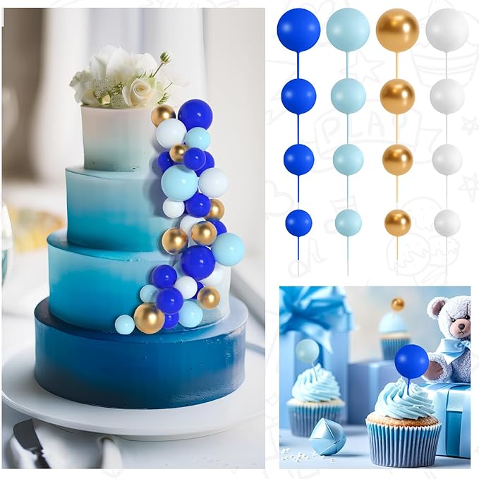 138 Pcs Cake Topper Decorations - Balloon Cupcake Toppers, Foam Balls for Birthday Party, Wedding Anniversary Cake Decor (Assorted Blue, White, Gold)