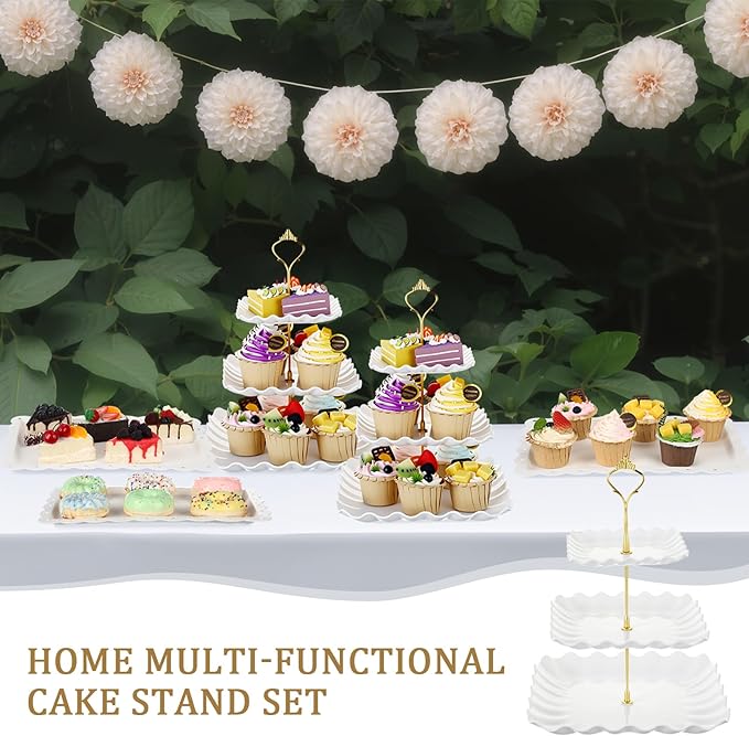 9 Pcs Cake Stand Plastic Dessert Table Display Set, 3 Pcs 3-tier Cupcake Stand Tower Holder and 6 Serving Tray for Tea Party Baby Shower Decorations