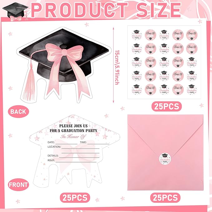 Marspark 25 Set Coquette Pink Bow Graduation Party Invitations Cards with Envelopes and Stickers Graduation Cap Shaped for College High School Grad Celebration Party Supplies, 5 x 6 Inch