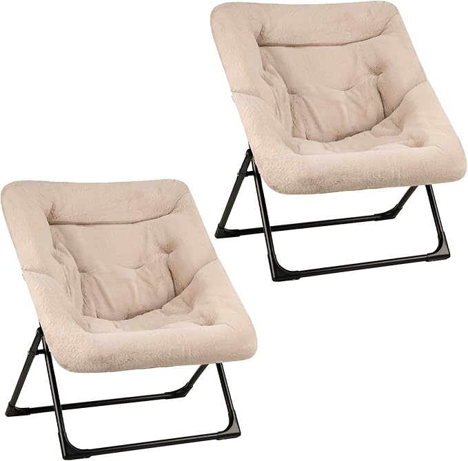 Comfy Saucer Chair for Adults, Set of 2, Soft Faux Fur Bedroom Chair, Accent Dorm Chairs, Flexible Living Room Reading Chairs, Oversized Folding Lounge Seat for Teens, X-Large, Camel