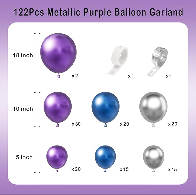 Metallic Purple and Blue Balloon Arch Garland Kit-Metallic Blue Silver Balloon 122Pcs for Christmas,Baby Shower,Graduation,Halloween,Birthday,Bachelorette.
