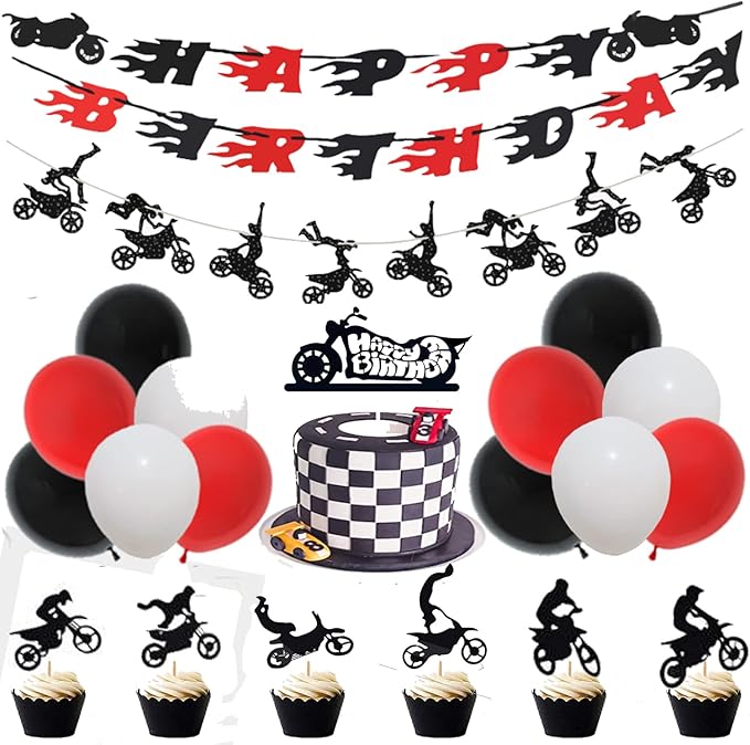 60 Pieces Dirt Bike Party Decoration Supplies - Banner, Cake Cupcake Topper for Motocross Themed Birthday - Man or Boy Riding Room Wall Decoration Motorcycle