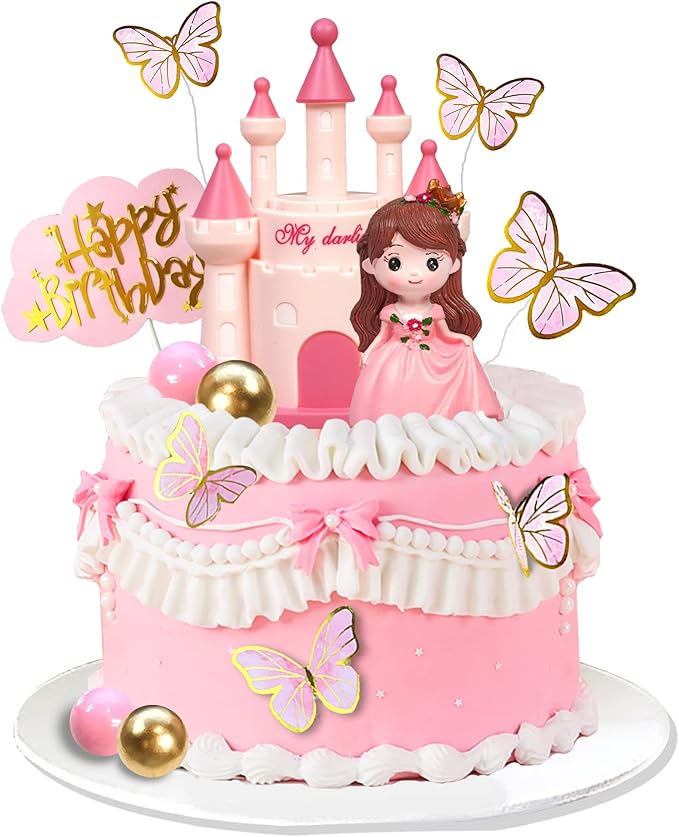 19 PCS Princess Cake Topper Castle Cake Decoration with Butterflies and Balls for Princess Birthday Supplies (Pink)