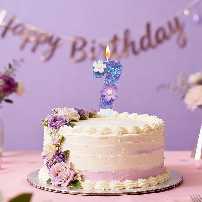 Purple Flower Birthday Candle,Number Birthday Candles for Cake, Ideal Birthday Parties Cake Decor, Wedding Anniversary and Other Celebrations (Number 7, Purple)