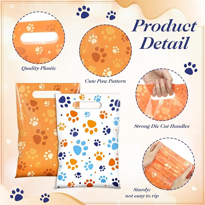 Pasimy 100 Pcs Dog Paw Gift Bags Bulk Pet Paw Puppy Plastic Treat Favor Candy Goodie Bags with Handle for Dog Birthday Party Decoration Supplies(Orange White)