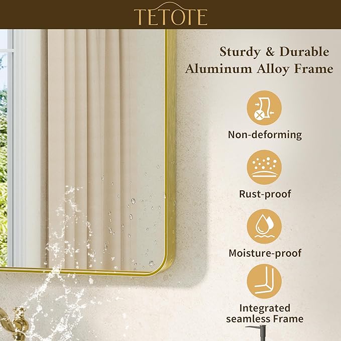 TETOTE 42 x 36 Gold Vanity Mirror Brushed Gold Metal Framed Vanity Mirror, Tempered Glass, Modern Farmhouse Wall Mounted Mirrors for Decorative(Horizontal/Vertical)