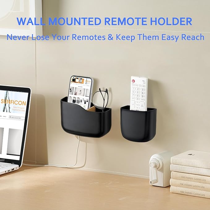 Remote Holder Wall Mount TV FAN Remote Control Holder Bedside Caddy Wall Organizer Phone Holder for Office Adhesive Media Player Controller Holder Box Tray Home Desk Nightstand 1 BIG 2 SMALL BLACK