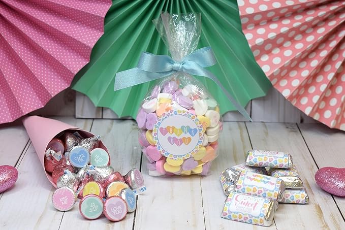 Amanda Creation Valentine Pastel Candy Heart Birthday Party Sticker Bundle Kit - 429 pieces! Includes 2" Circle Stickers for Favors, Mini Candy Bar Wrappers & Round Candy Kiss Stickers