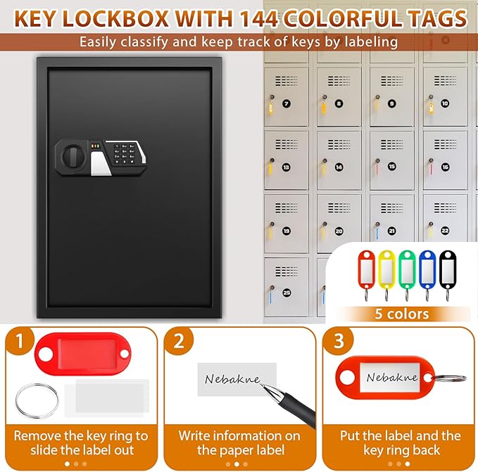 Nebakne 144 Keys Fireproof Cabinet Safe With Adjustable Hook Plates and Tags, Anti-Theft Lock Box Wall Mount With Combination Lock, Organizer for Home Office Garage