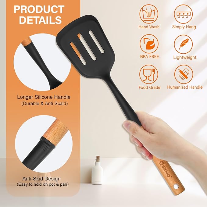 Large Silicone Cooking Utensils Set, 10Pcs Nonstick Kitchen Utensil Set with Wooden Handle, Heat Resistant Silicone Utensils for Cooking, BPA Free Spatula Set with Turners Spoon Ladle Skimmer(Black)